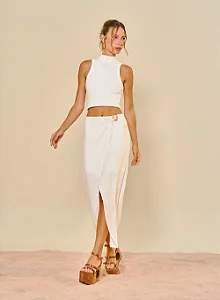 Saia Midi Com Fenda Em Linho