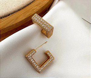 ARGOLA QUADRADA MÉDIA CRAVEJADA GOLD