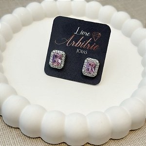 BRINCO RETANGULO LUXO ROSA CLARO RÓDIO BRANCO