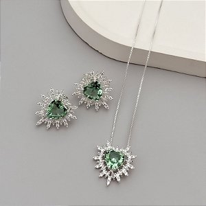 CONJUNTO CORAÇÃO PRATA VERDE MAÇA