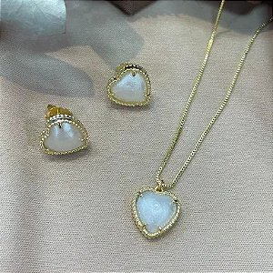 CONJUNTO BRINCO COLAR CORAÇÃO PASSIONE MADRE PÉROL