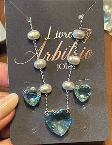 CONJUNTO COLAR E BRINCO CORAÇÃO AZUL PEROLAS