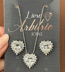 CONJUNTO COLAR BRINCO CORAÇÃO ZIRCOÔNIA GRANDE