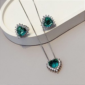 CONJUNTO COLAR BRINCO CORAÇÃO VERDE TURMALINA