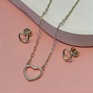CONJUNTO BRINCO COLAR CORAÇÃO VAZADO LISO