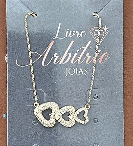 COLAR 40CM 3 CORAÇÕES DEITADOS COM ZIRCÔNIAS