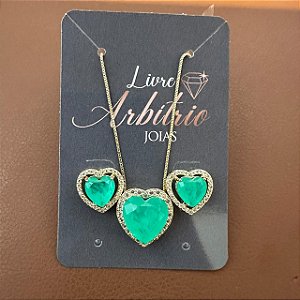 CONJUNTO BRINCO COLAR CORAÇÃO FUSION VERDE