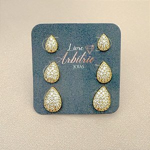TRIO BRINCOS GOTAS CRAVEJADAS GOLD
