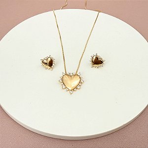 CONJUNTO BRINCO COLAR CORAÇÃO LOVE SPARK GOLD