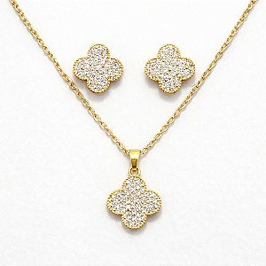 CONJUNTO TREVO CRAVEJADO GOLD