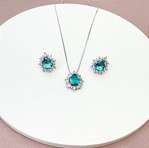 CONJUNTO BRINCO E COLAR GOTA TURMALINA RÓDIO