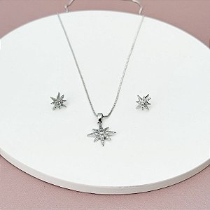 CONJUNTO COLAR E BRINCO ESTRELA 8 PONTAS RODIO