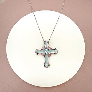 COLAR CRUZ GRANDE TURMALINA COLORS RÓDIO