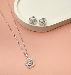 CONJUNTO BRINCO E COLAR ROSA CRAVEJADO DIAMOND