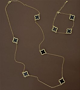 CONJUNTO COLAR E PULSEIRA TREVO PRETO DOURADO
