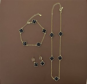 CONJUNTO CHOKER PULSEIRA BRINCO TREVO PRETO