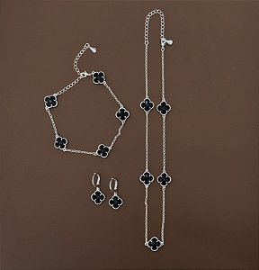 CONJUNTO CHOKER PULSEIRA BRINCO TREVO PRETO