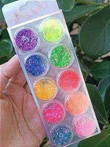 KIT COM 10 BRILHOS NEONS FLOCADOS DAFU