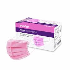 CAIXA DE MASCARA TRIPLA DESCARTAVEL ROSA INOVEN COM 50UND