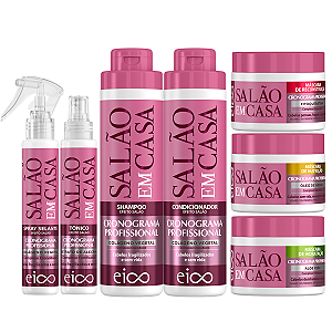 Kit Eico Salão Em Casa Cronograma Shampoo 800ml Condicionador 750ml Máscaras Hidratação Nutrição Reconstrução 270g Spray Selante 120ml Tônico 120ml