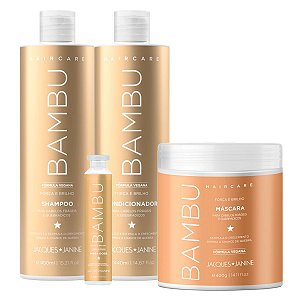 Kit Jacques Janine Hair Care Bambu Shampoo 450ml Condicionador 440ml Máscara Hidratação 400g Ampola 45ml