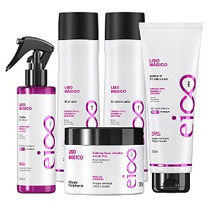 Kit Eico Pro Liso Mágico Shampoo 300ml Condicionador 300ml Máscara Hidratação 300g Leave-in Finalizador e Spray Termoativo 200ml