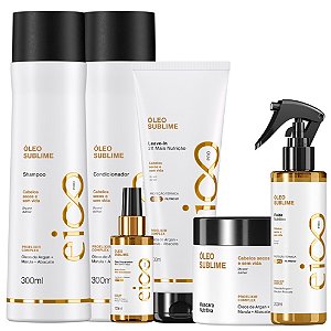 Kit Eico Pro Óleo Sublime Shampoo 300ml Condicionador 300ml Máscara Nutrição 300g Leave-In e Spray Finalizador 200ml Reparador Pontas 100ml