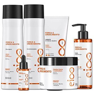 Kit Eico Pro Força e Crescimento Shampoo 300ml Condicionador Leave-In 300ml Máscara Hidratação 300g Leave-In e Spray Finalizador 200ml Booster 30ml