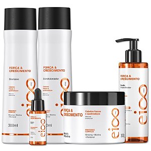 Kit Eico Pro Força e Crescimento Shampoo 300ml Condicionador Leave-In 300ml Máscara Hidratação 300g Spray Finalizador 200ml Booster 30ml