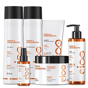 Kit Eico Pro Força e Crescimento Shampoo 300ml Condicionador Leave-In 300ml Máscara Hidratação 300g Leave-In e Spray Finalizador 200ml Tônico 100ml