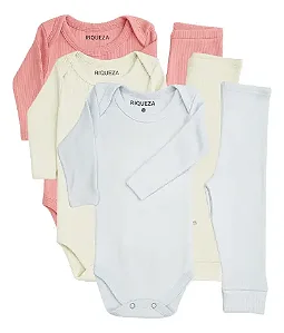 Kit 3 Conjuntos Body Calça Bebê Longo Canelado 100% Algodão