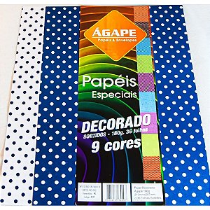 Papel Decorado Sortidos 9 cores  180g A4 com 36 folhas - Agape