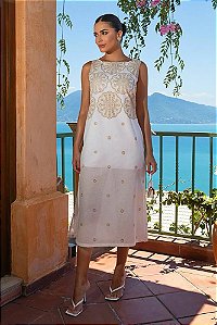 VESTIDO LONGO S/MANGA BORDADO C/POMPOM
