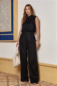 CONJ.LINHO BLUSA SEM MANGA C/ BOLSO CARGO E CALÇA C/ PREGAS