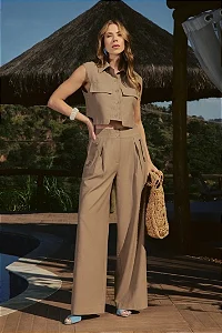 CONJ.ALFAIATARIA CAMISA CROPPED C/ BOLSOS FRONTAL E CALÇA LAPELA
