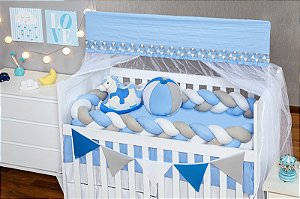 KIT DE BERCO BALU BABY TRANÇA - CAVALINHO DE PAU AZUL