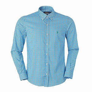 Camisa Ralph Lauren Masculina Slim Fit Stretch Xadrez Medio Cor Azul
