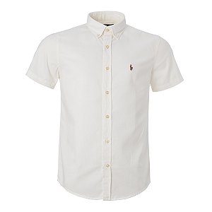 Camisa Ralph Lauren Masculina Custom Fit Sarja Manga Curta Cor Off White