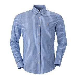 Camisa Ralph Lauren Masculina Oxford Poplin Listrada Cor Azul