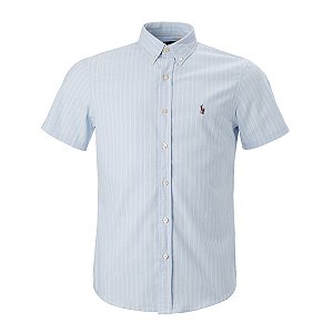 Camisa Ralph Lauren Masculina Manga Curta Plaid Oxford Listrada Cor Azul Claro