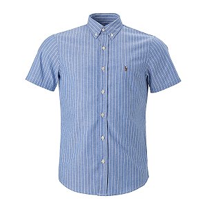 Camisa Ralph Lauren Masculina  Manga Curta Fine Stripe Oxford Listrada Cor azul