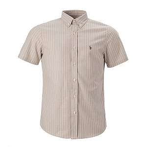 Camisa Ralph Lauren Masculina Manga Curta Fine Striped Oxford Listrada Cor Bege