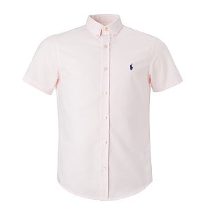 Camisa Ralph Lauren Masculina Custom fit Oxford Manga Curta Cor Rosa