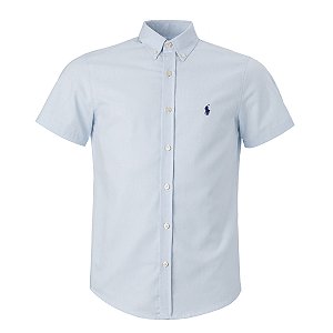 Camisa Ralph Lauren Masculina Custom fit Oxford Manga Curta Cor Azul Clara