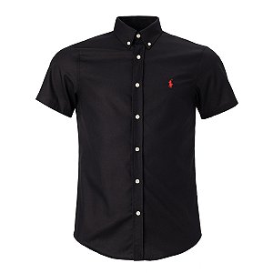Camisa Ralph Lauren Masculina Custom fit Oxford Manga Curta Cor Preta
