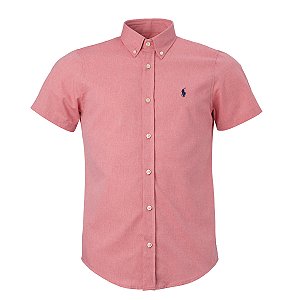 Camisa Ralph Lauren Masculina Custom fit Oxford Manga Curta Cor Goiaba