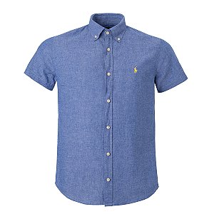 Camisa Ralph Lauren Masculina Custom Fit Linho Cor Azul Mescla