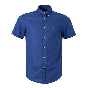 Camisa Ralph Lauren Masculina Manga Curta Oxford Ponei Colorido Cor Azul Noite