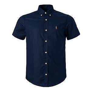 Camisa Ralph Lauren Masulina Oxford Manga Curta Ponei Colorido Cor Marinho