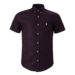 Camisa Ralph Lauren Masculina Oxford Manga Curta Cor Bordo